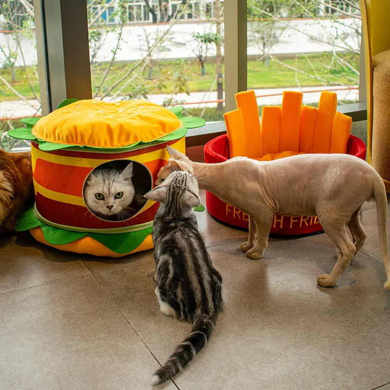 Crystal super soft velvet cat bed in French fries or hamburger shape with reversible cushion