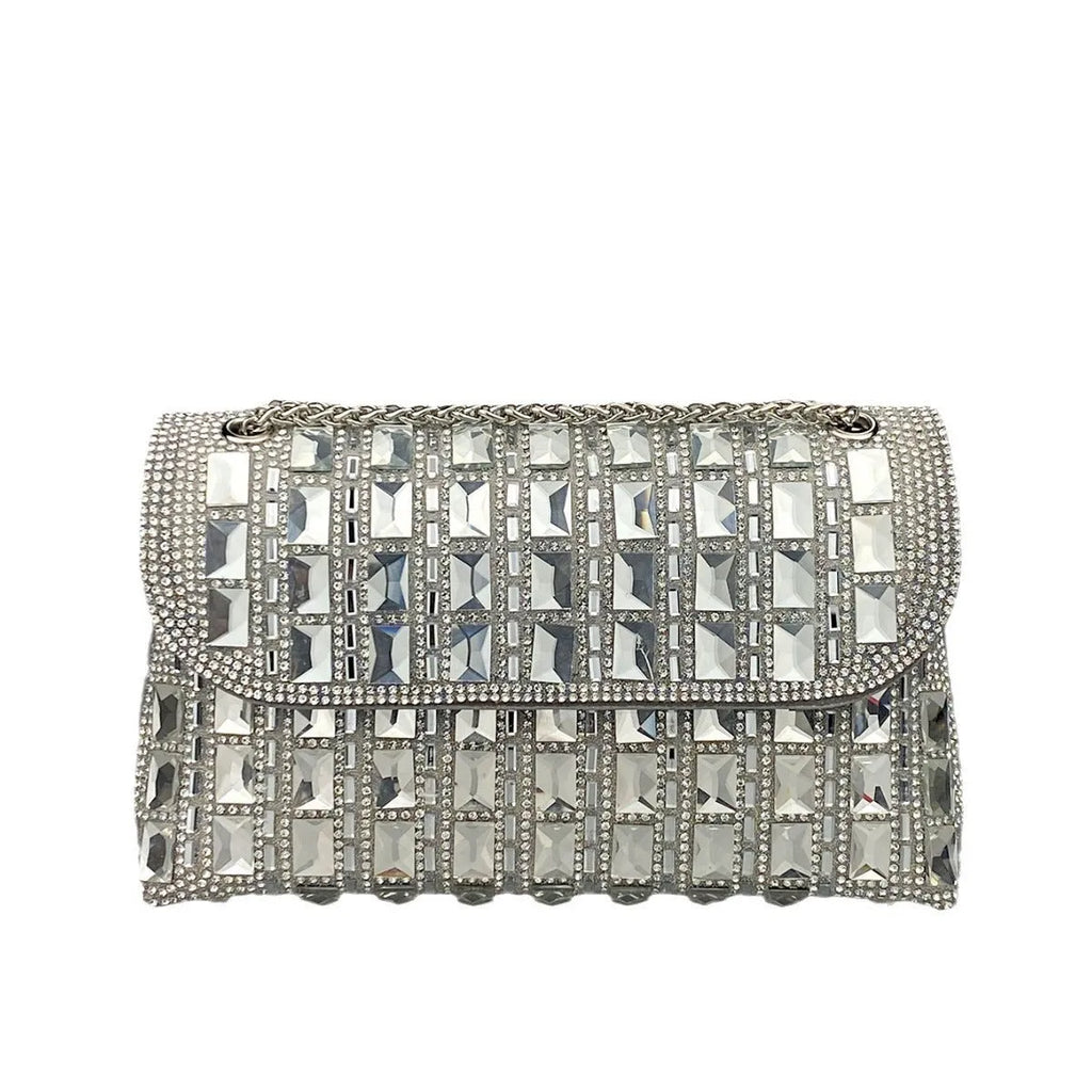 Retro style shiny glass rhinestone chain clutch bag with diamond embellishments in horizontal square shape