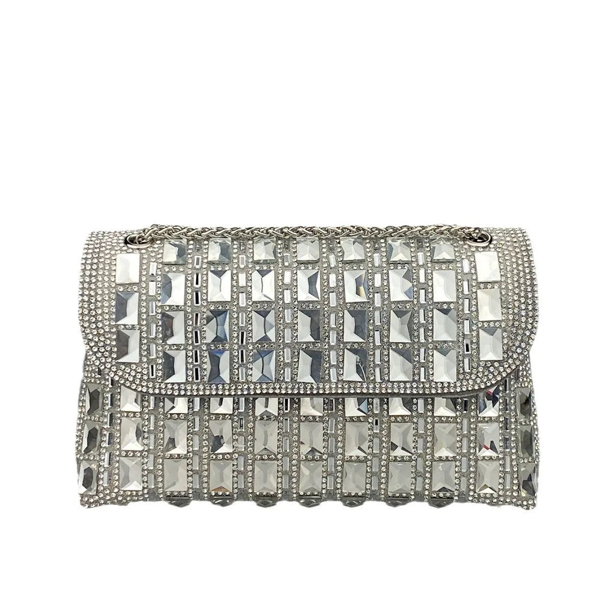 Retro style shiny glass rhinestone chain clutch bag with diamond embellishments in horizontal square shape