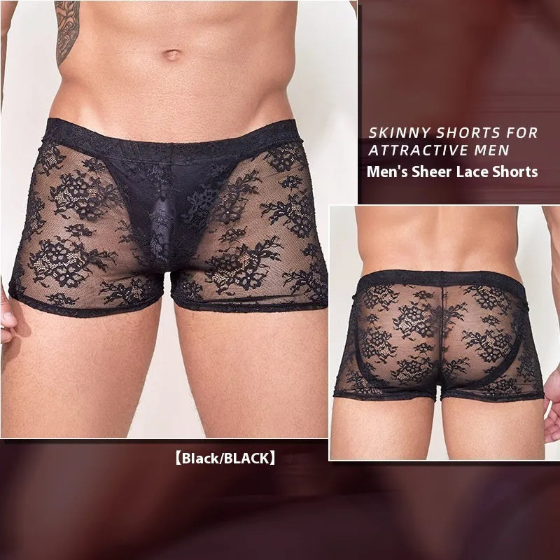 Men's black lace trim boxers made from nylon fabric, laid flat.