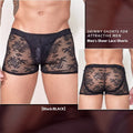 Men's black lace trim boxers made from nylon fabric, laid flat.