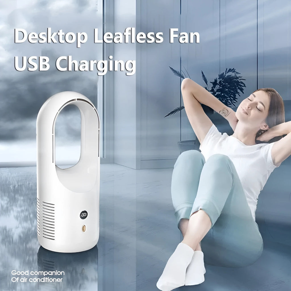 White bladeless desk fan with LED display on a wooden desk