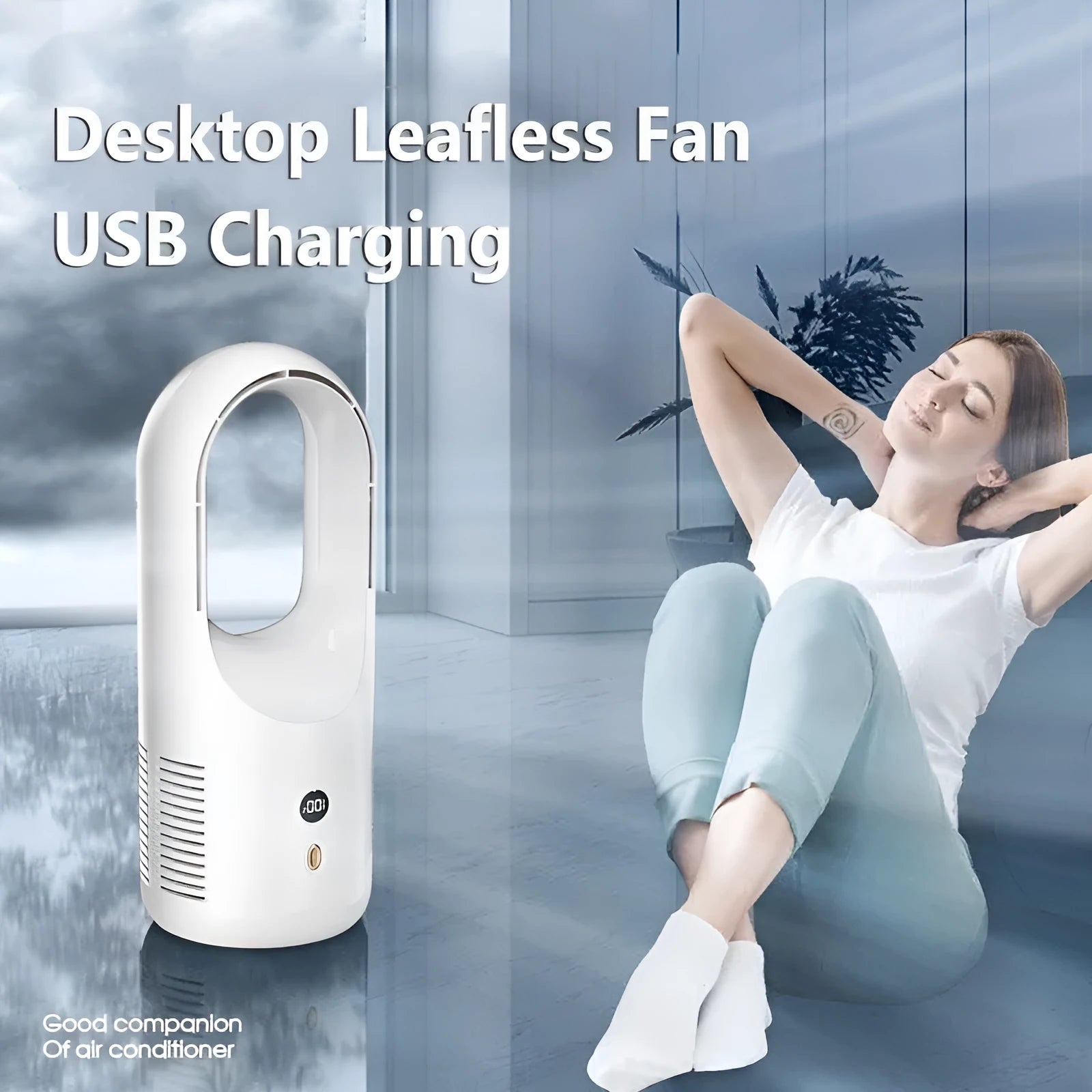 White bladeless desk fan with LED display on a wooden desk