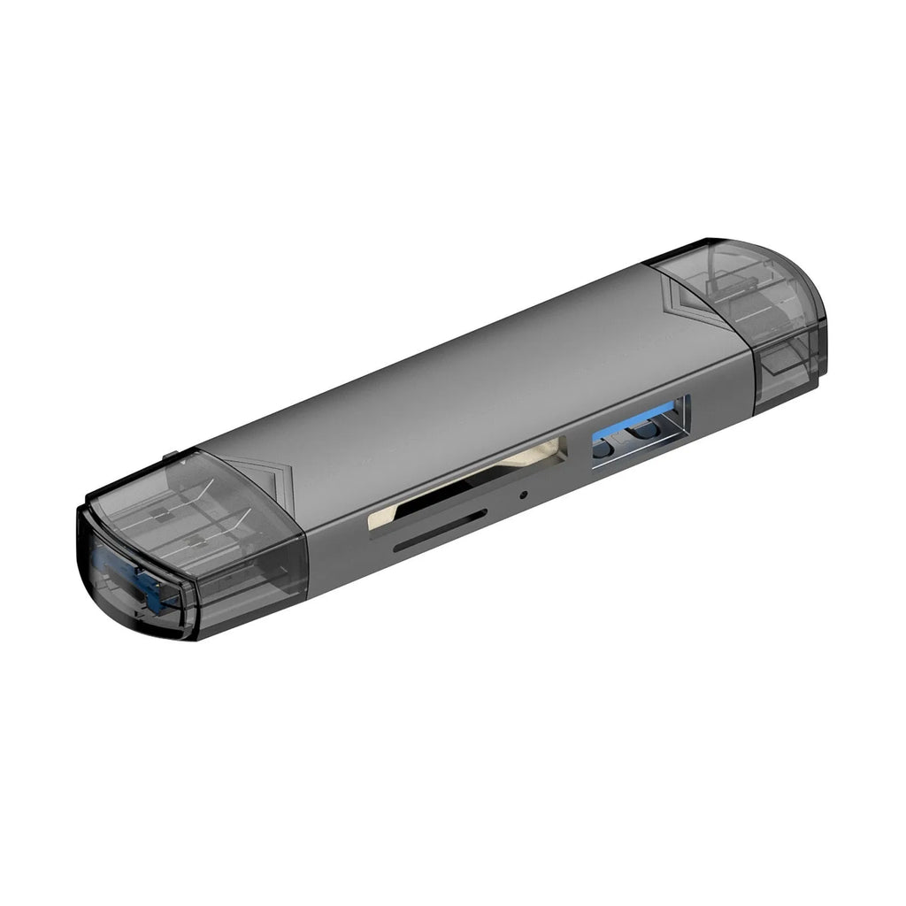 Aluminium alloy multi-functional card reader with SD and TF slots, USB Type-C and Micro interfaces, grey or silver