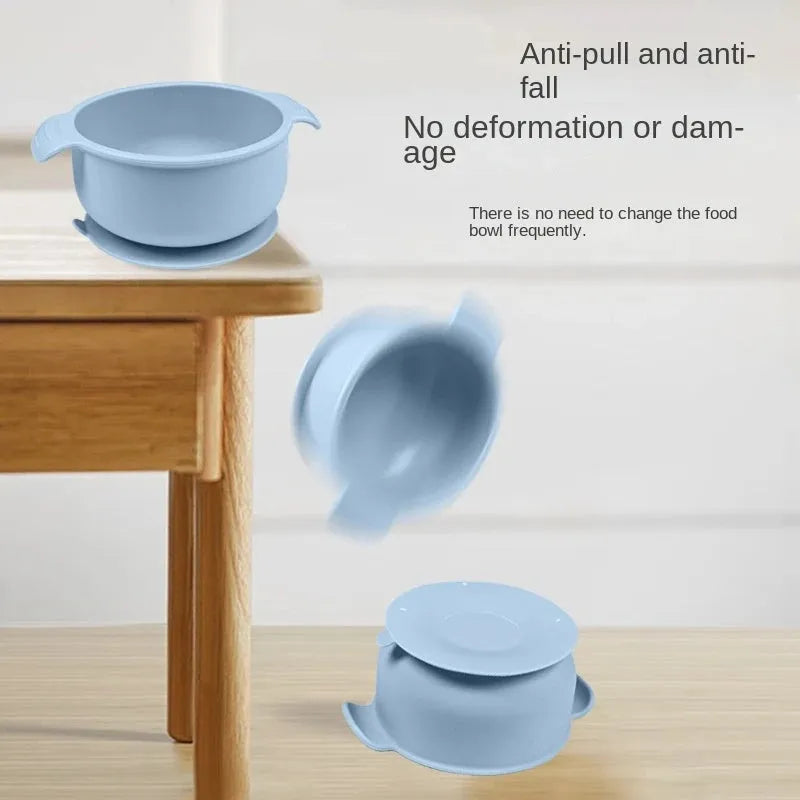 Silicone pet bowl with suction cup base in a choice of five colours: beige, blue, grey, green, and pink.