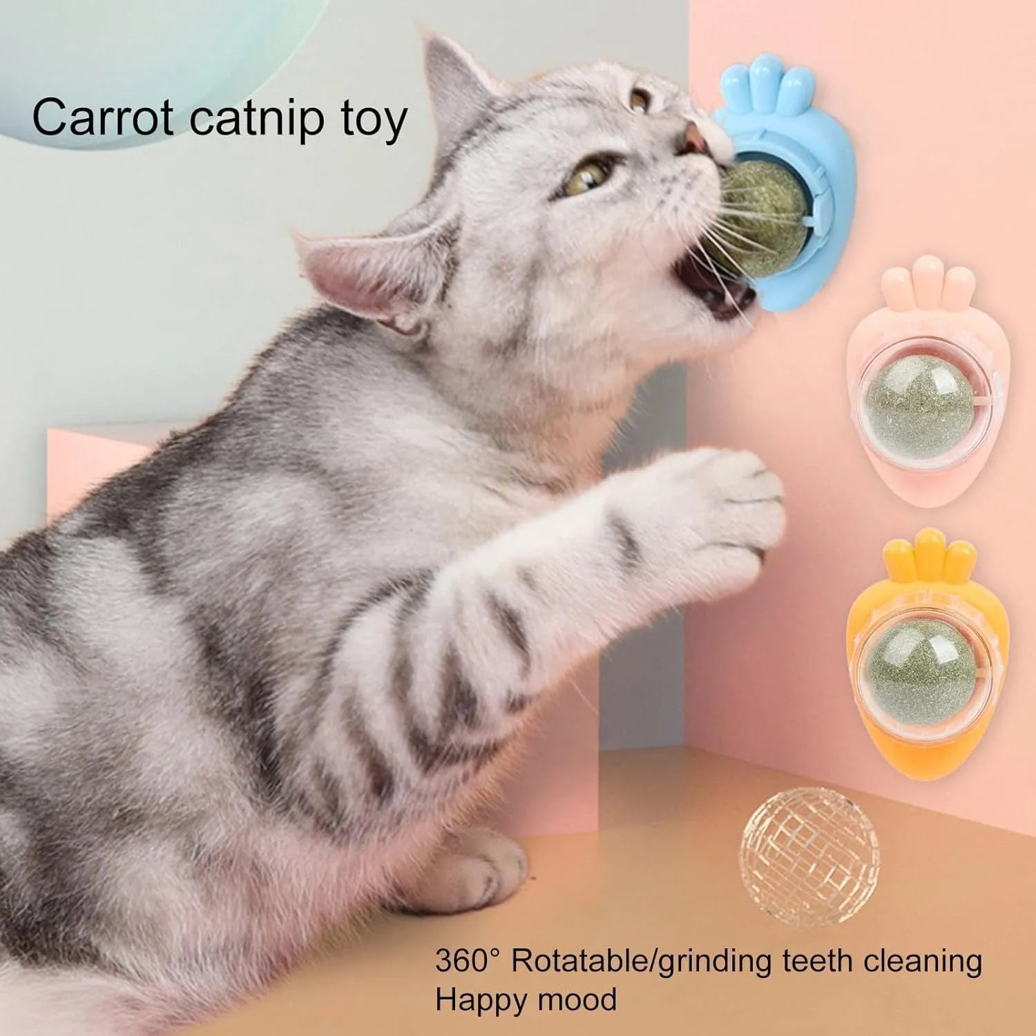Blue carrot-shaped catnip ball with adhesive back for wall mounting and feline dental cleaning