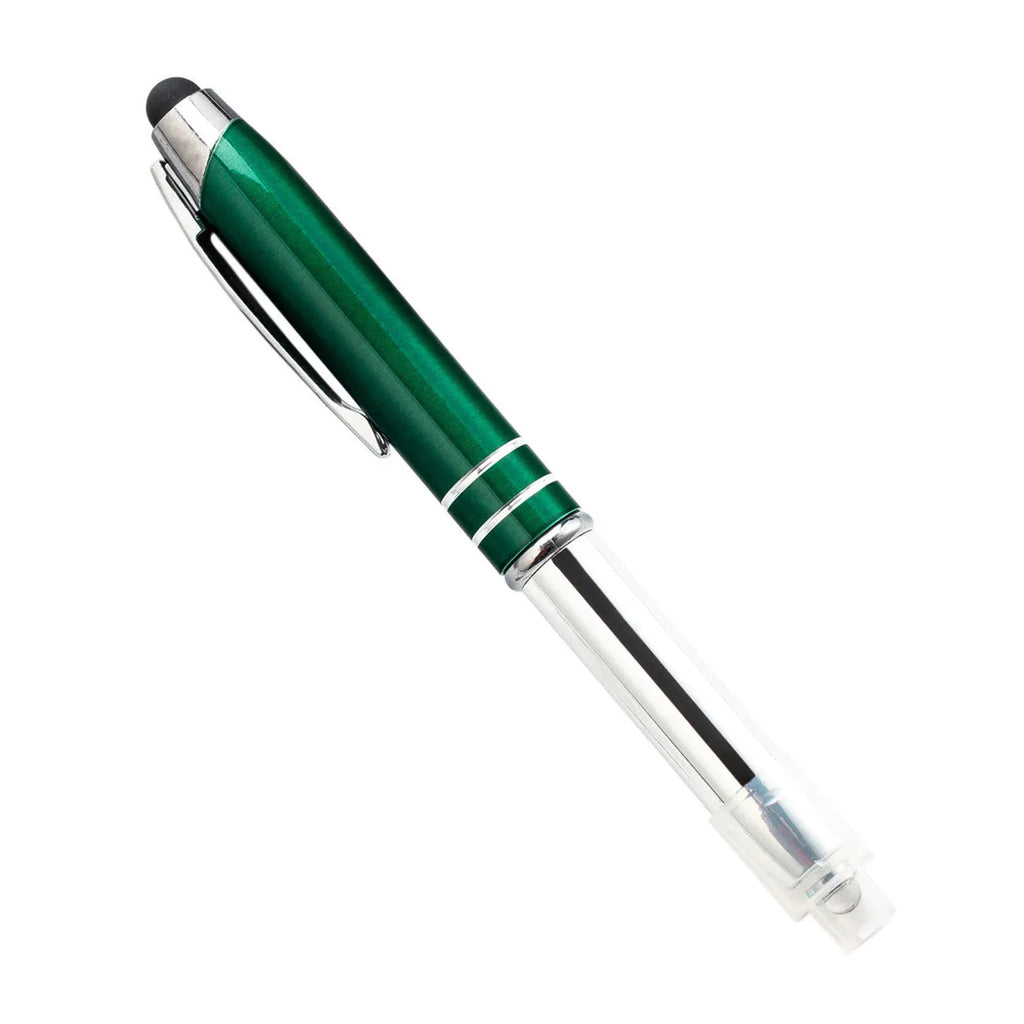 Multifunctional metal ballpoint pen with capacitive stylus tip and LED light in red, black, white, green, and blue colour options.