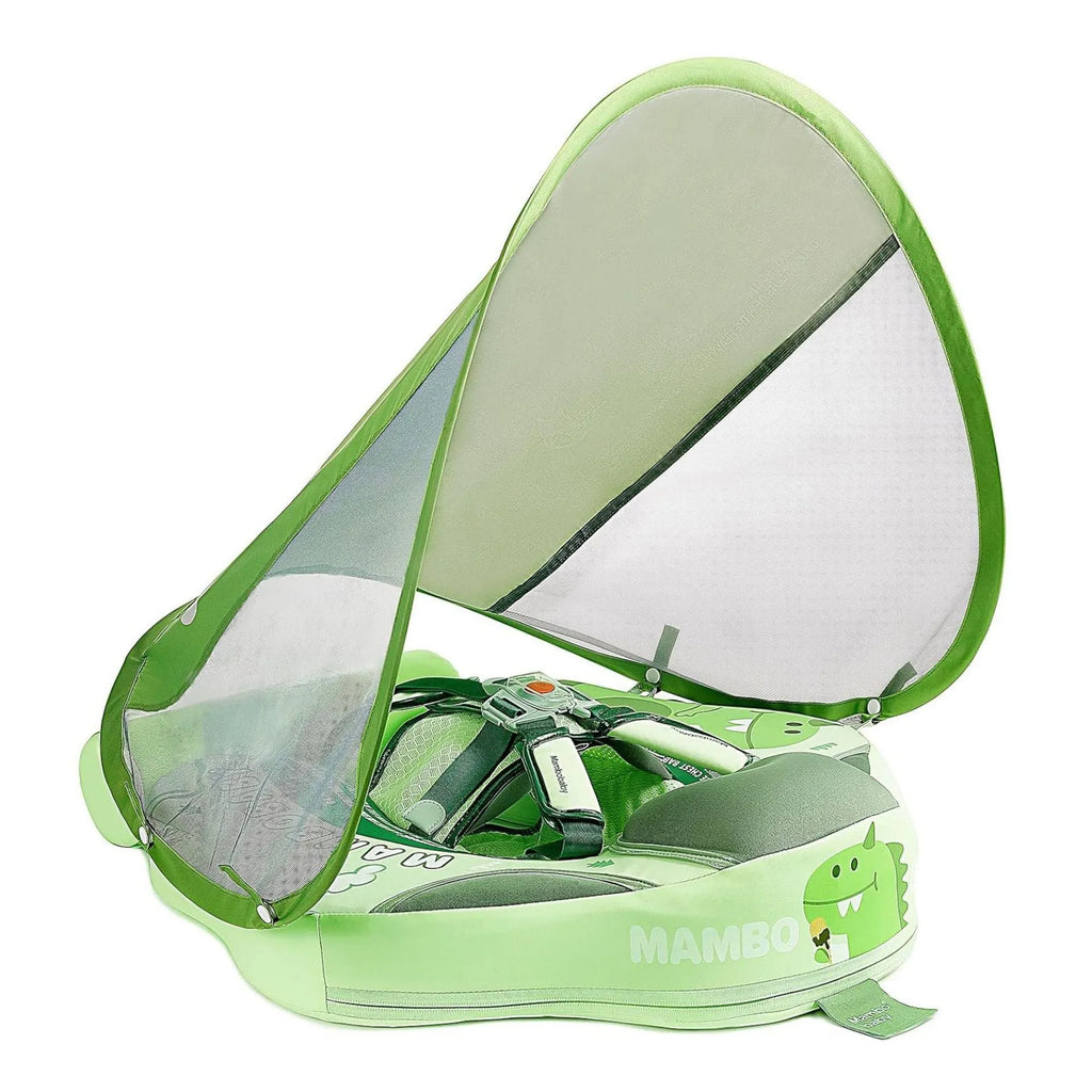 Avocado green inflatable baby swimming ring with dinosaur pattern and sun shade for children 3-24 months