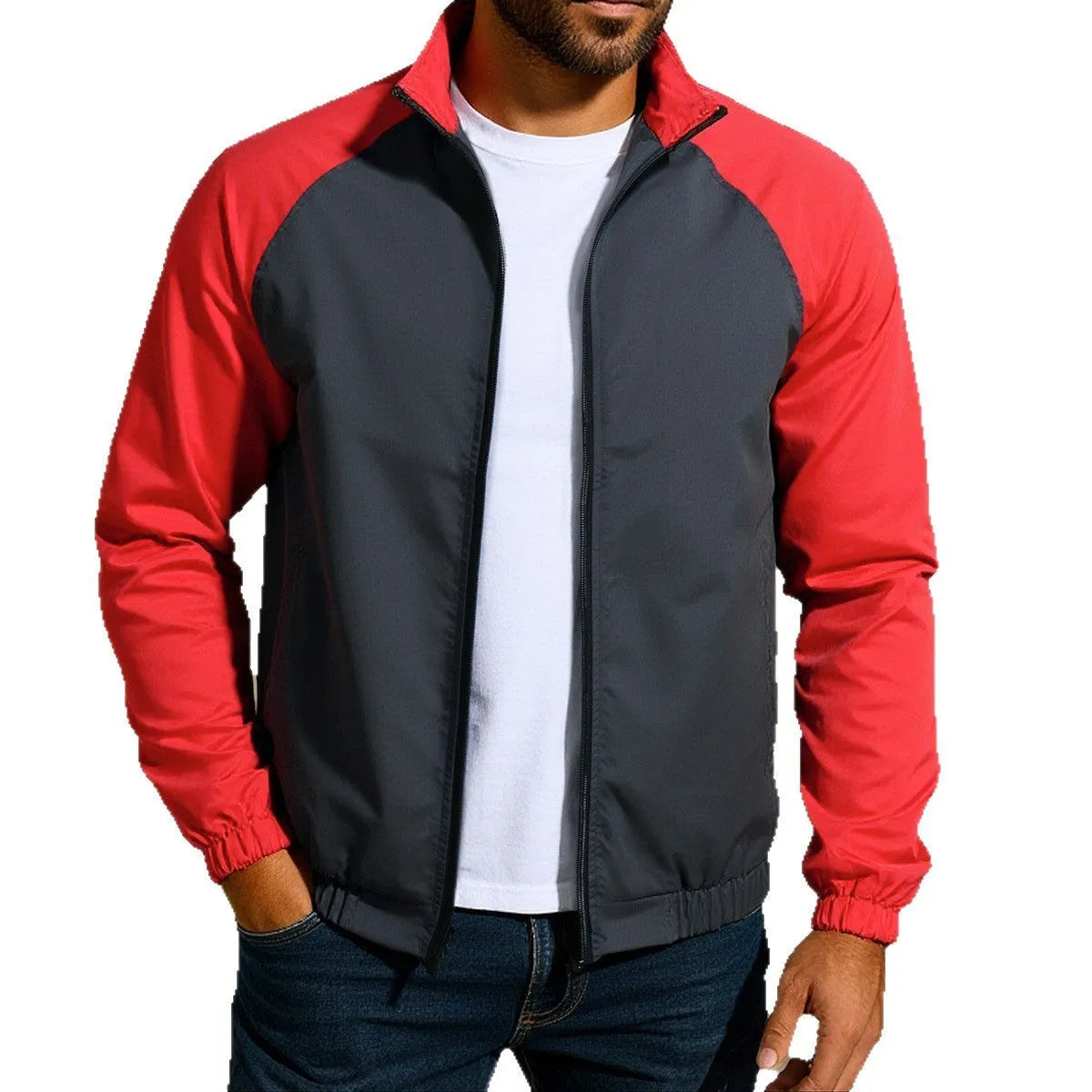 Men's green casual coat jacket with a stand collar and raglan sleeves on a hanger