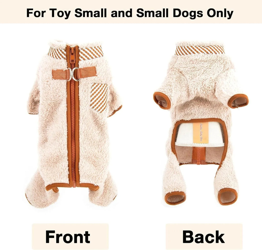 Small dog wearing a green fleece thermal jumpsuit coat with four legs and back zip closure.