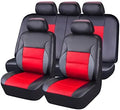 Set of artificial leather car seat covers in various colours showing headrest and seat pieces with hooks.