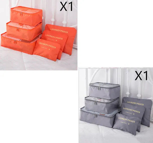 6 PCS travel storage bag set in polyester with handbag shape, multiple colour options for clothes and cosmetic organisation