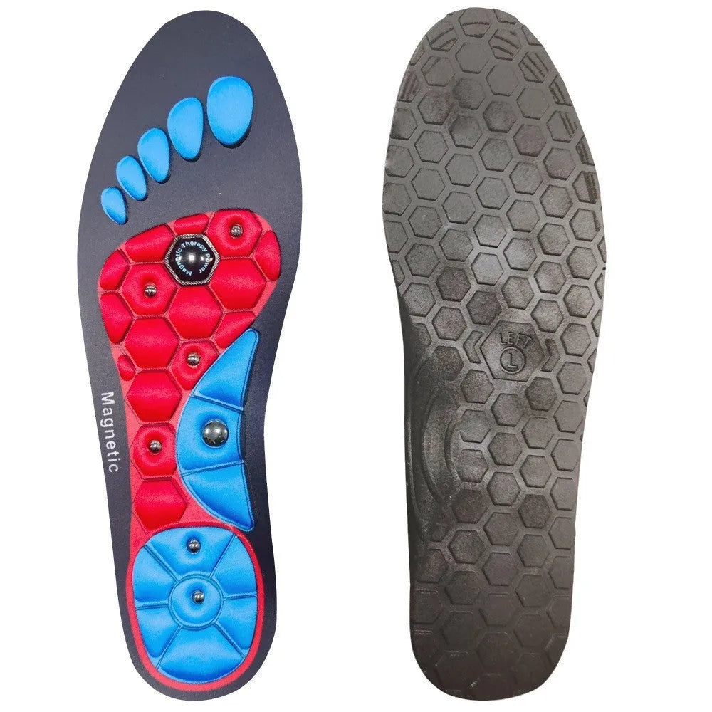 Breathable EVA health care insoles for men and women in black, blue, and red, sizes S, M, L