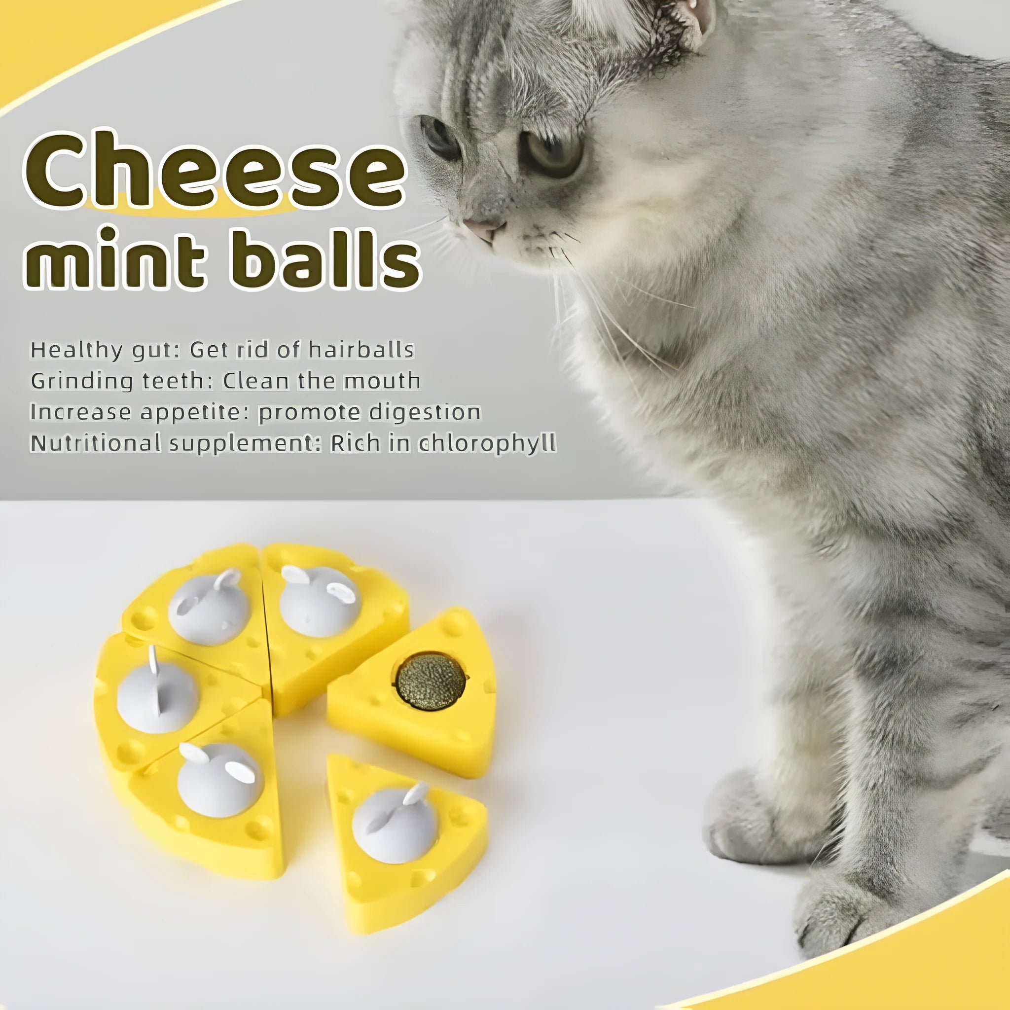 Cheese-shaped catnip balls on wall with mouse-shaped lid, natural catnip toy for cats