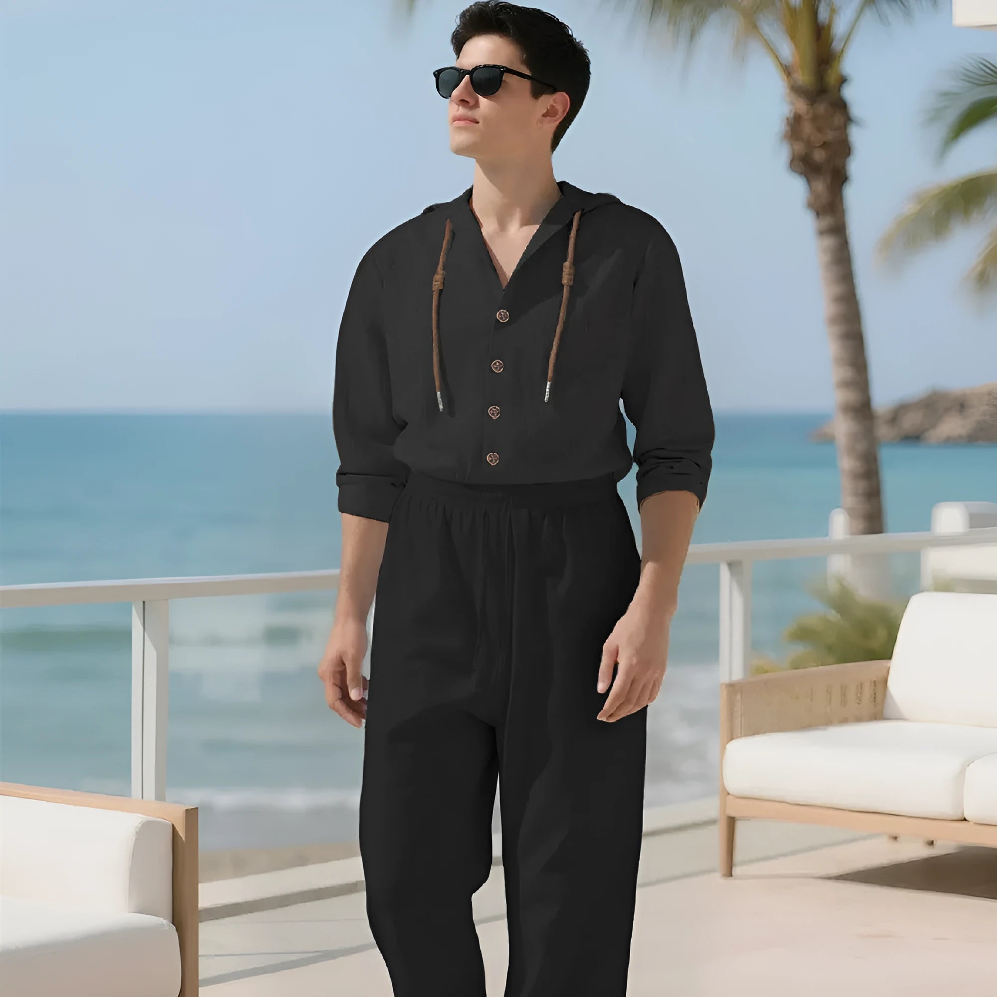 Men's two-piece cotton sportswear leisure suit in a classic colour on a hanger