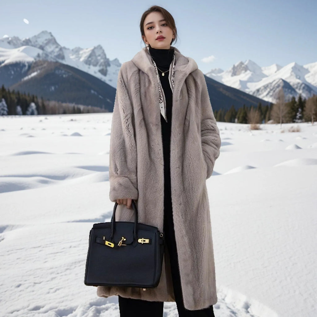 Brown leopard print loose plus size long faux fur coat for women.