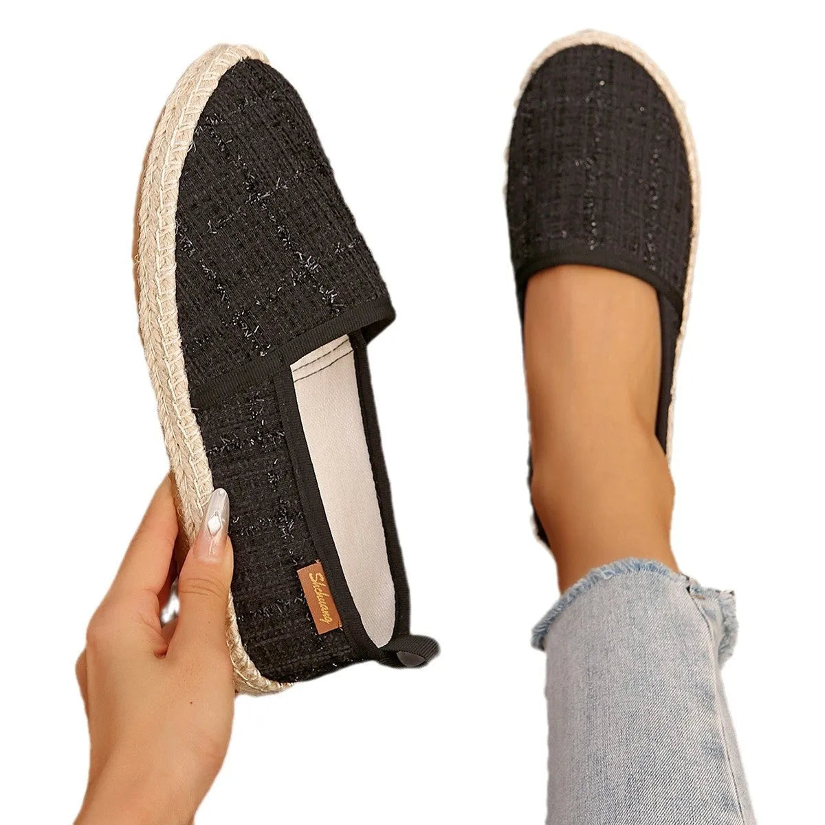 Casual fisherman shoes with canvas upper and rope sole in black, white, or beige colours