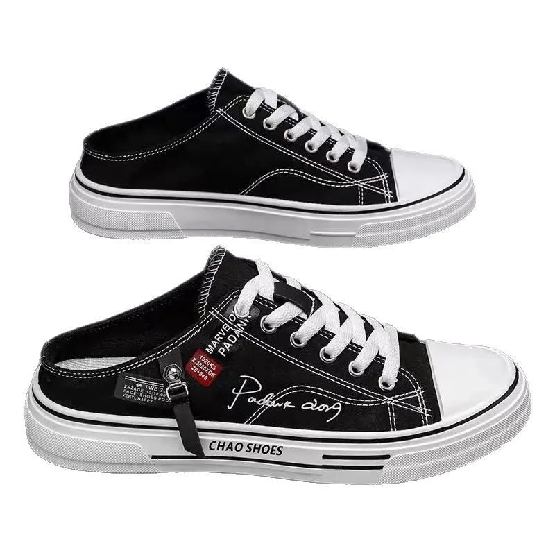Men's canvas slip-on shoes in black with round toe and PVC sole
