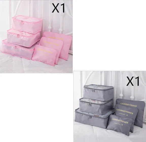 6 PCS travel storage bag set in polyester with handbag shape, multiple colour options for clothes and cosmetic organisation