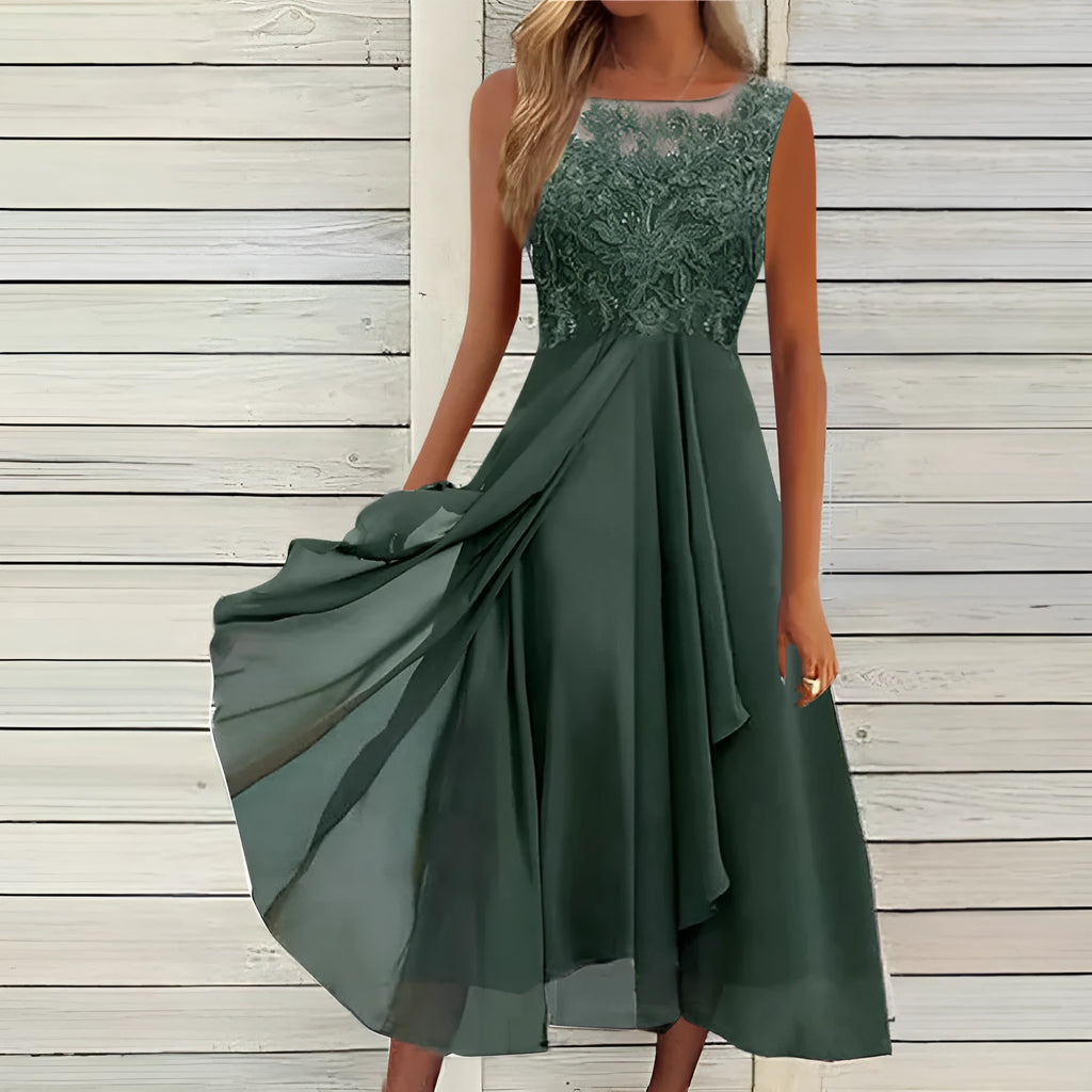 Women's sleeveless green chiffon dress with lace hollow-out detail on a mid-length skirt.