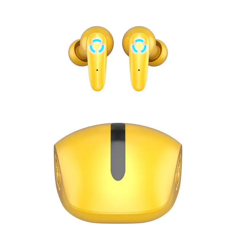 TWS gaming Bluetooth wireless headset in black, white, or yellow colours with earplugs and USB cable