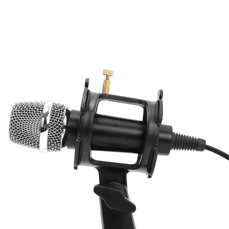 Black mini condenser microphone on an aluminium stand with 3.5mm and USB cables for computer or phone.