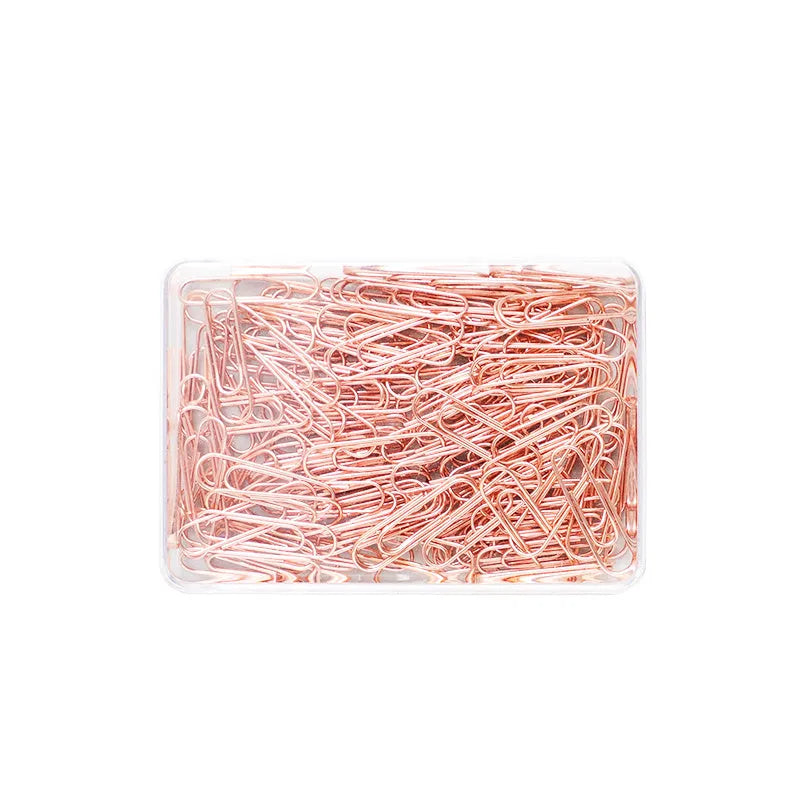 Rose gold heart-shaped metal paper clips, 28mm size, shown in a pack of 100.