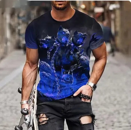 Men's black T-shirt with a raised 3D printed graphic of a fierce lion's face on the front.