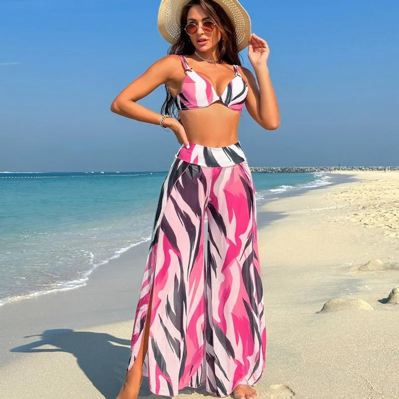 Women's three-piece bikini set in quick-dry polyester with printed design for swimming