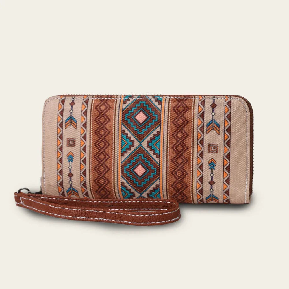 Bohemian striped canvas RFID wallet showing anti-theft card protection features