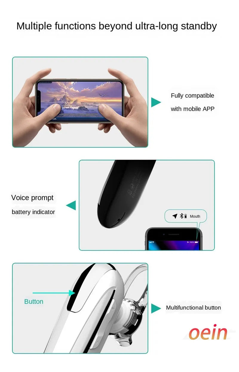 Black wireless Bluetooth headset single ear earplug type with voice control Bluetooth 5.0