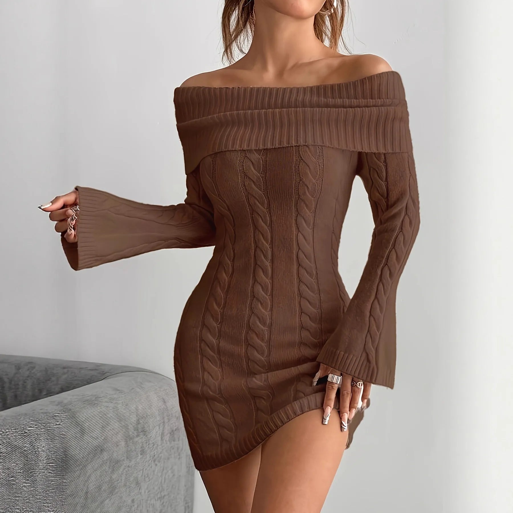 Women's loose polyester sweater dress with boat neck and flared sleeves in a casual ribbed knit finish