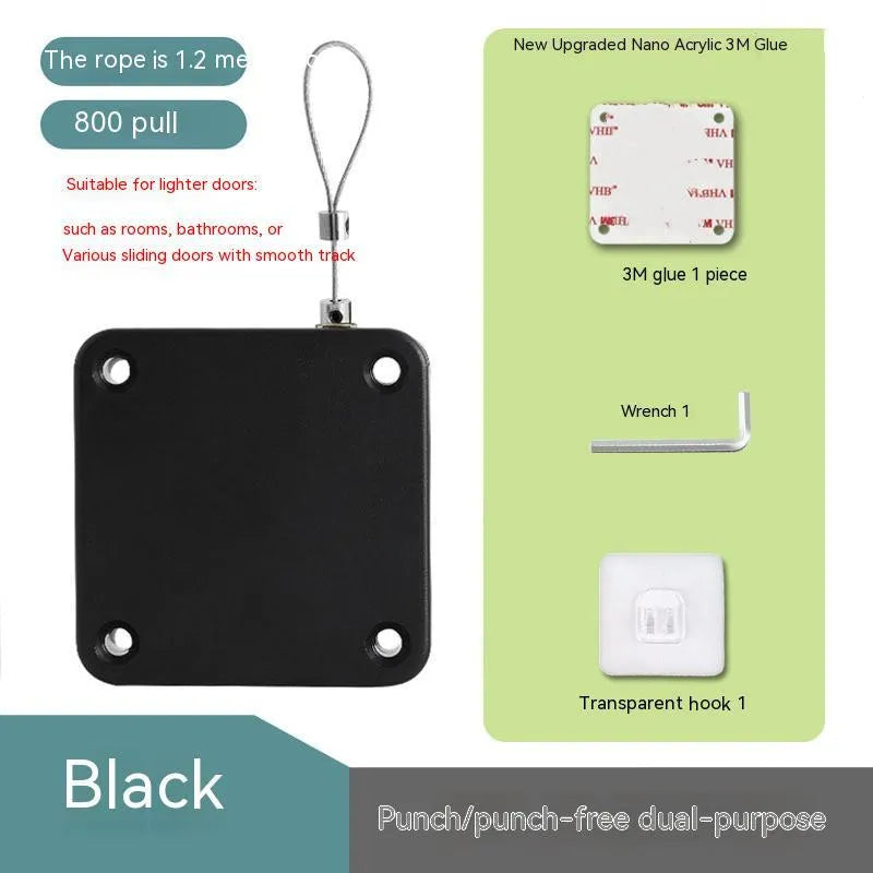 Automatic door closer with adhesive backing and transparent hook for punch-free installation on a door.