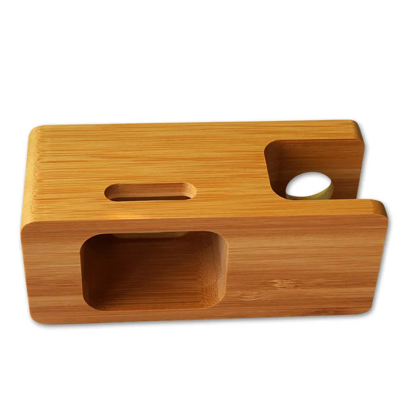 Bamboo watch and smartphone stand with carved details measuring 149mm