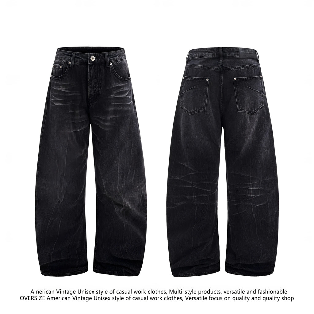 Black men's straight-leg jeans with a distressed lightning crack pattern on the legs.