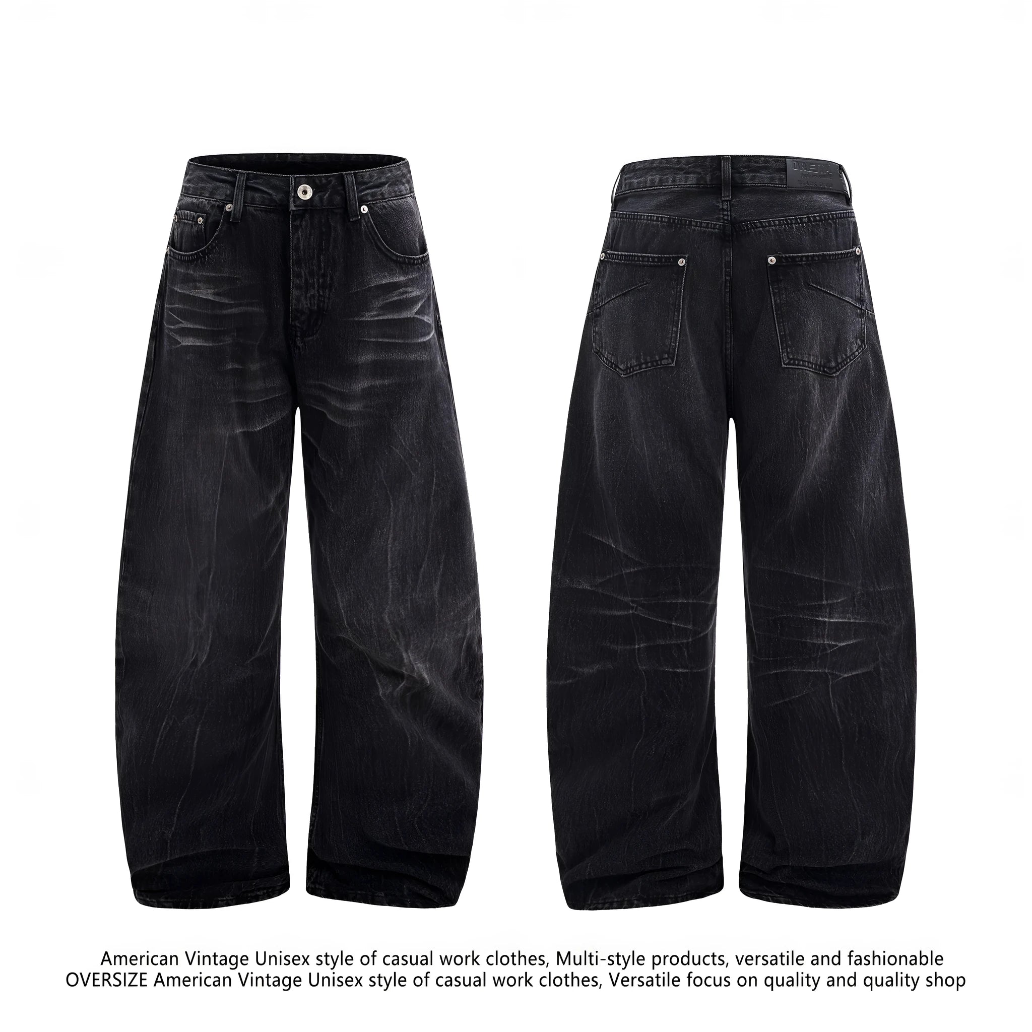 Black men's straight-leg jeans with a distressed lightning crack pattern on the legs.