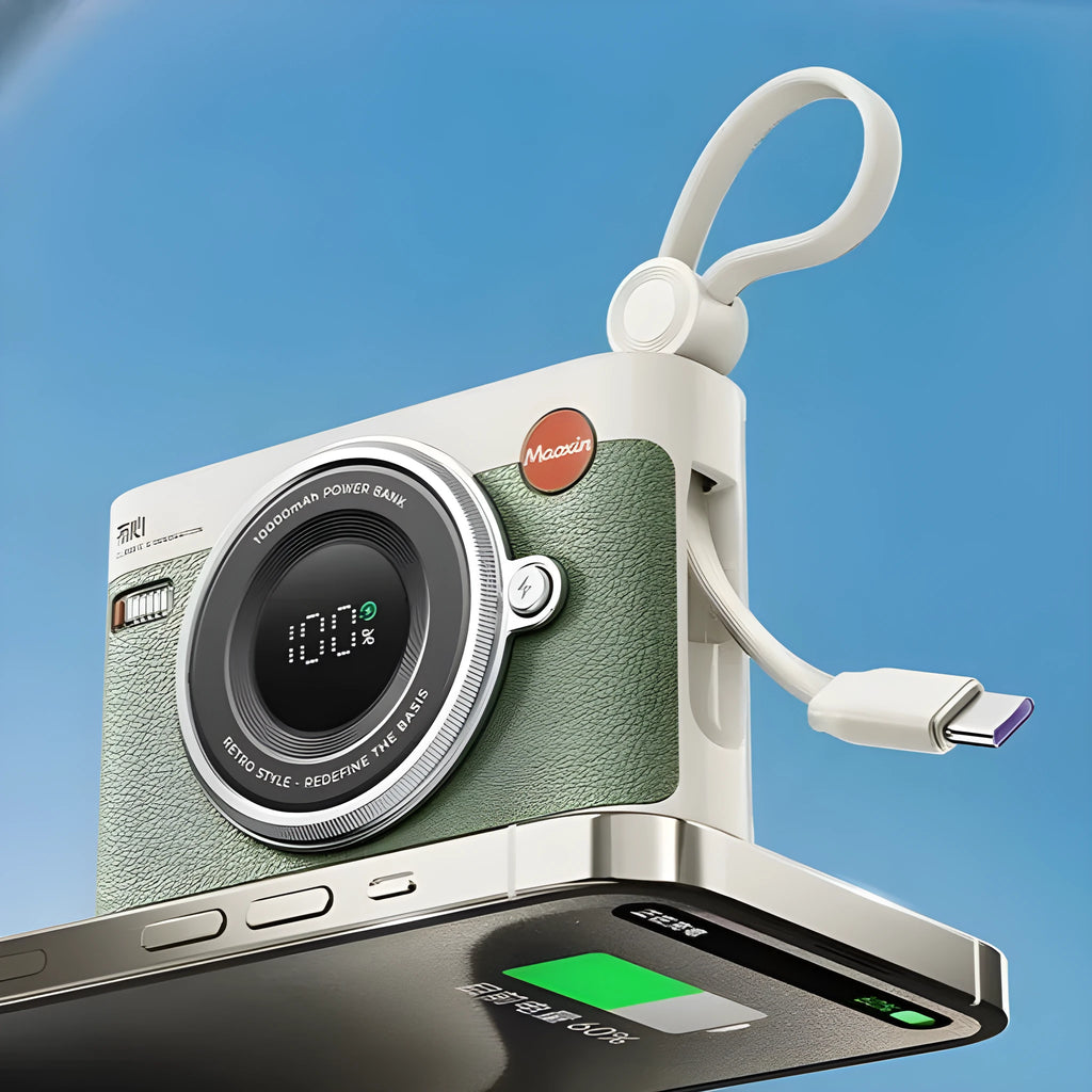 Ultra-thin compact 10000mAh power bank with built-in cable in forest green colour