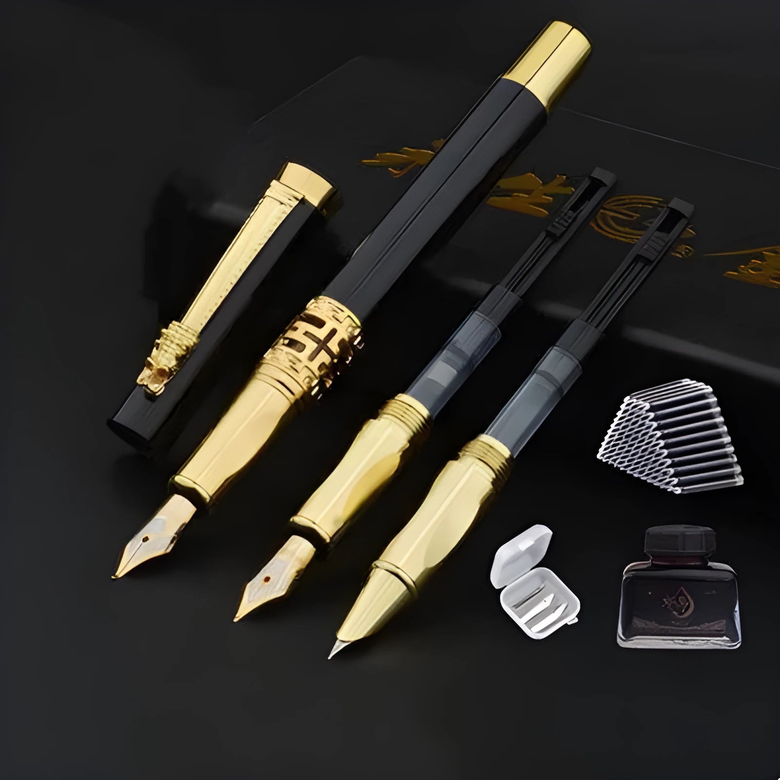Traditional Chinese style student calligraphy pen with metal holder and iridium tip nib in gift box