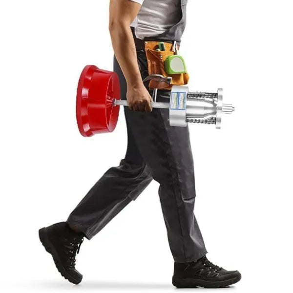 Portable aluminium hub wheel balancer with bull's eye level on an enamel base.