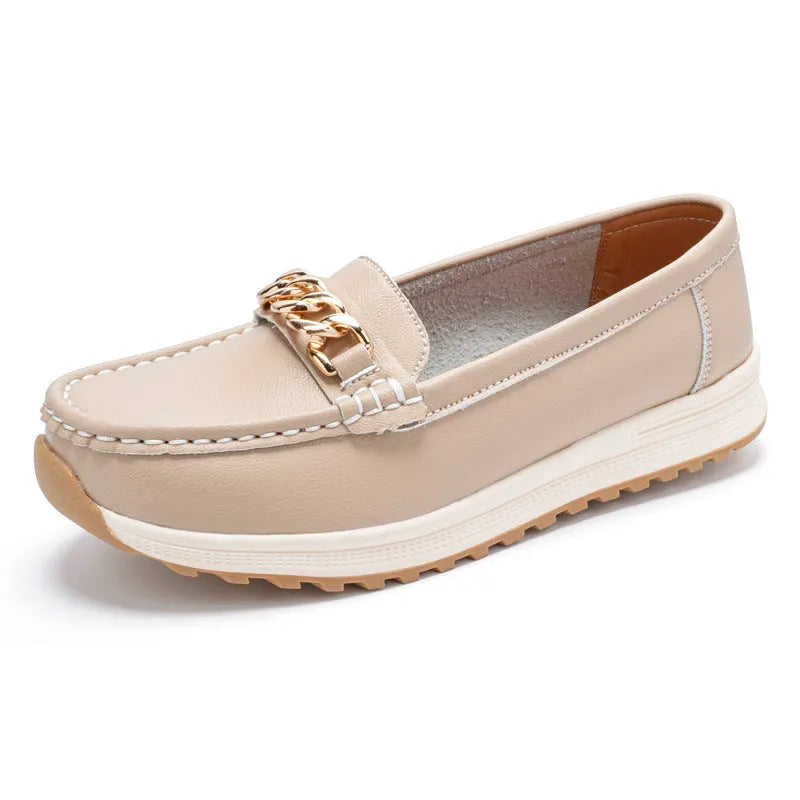 Women's casual round toe solid colour PU leather loafer in beige, black, cameo brown, and sapphire blue