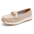 Women's casual round toe solid colour PU leather loafer in beige, black, cameo brown, and sapphire blue
