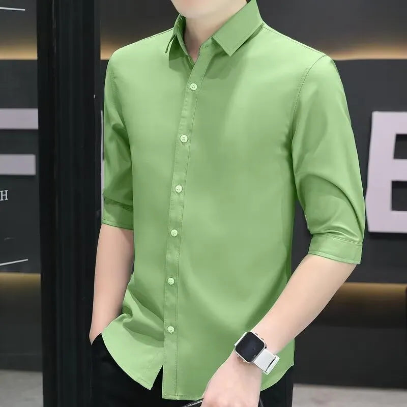 Men's slim-fit half-sleeve shirt in a linen-silk blend, shown in a solid colour with three-quarter length sleeves.