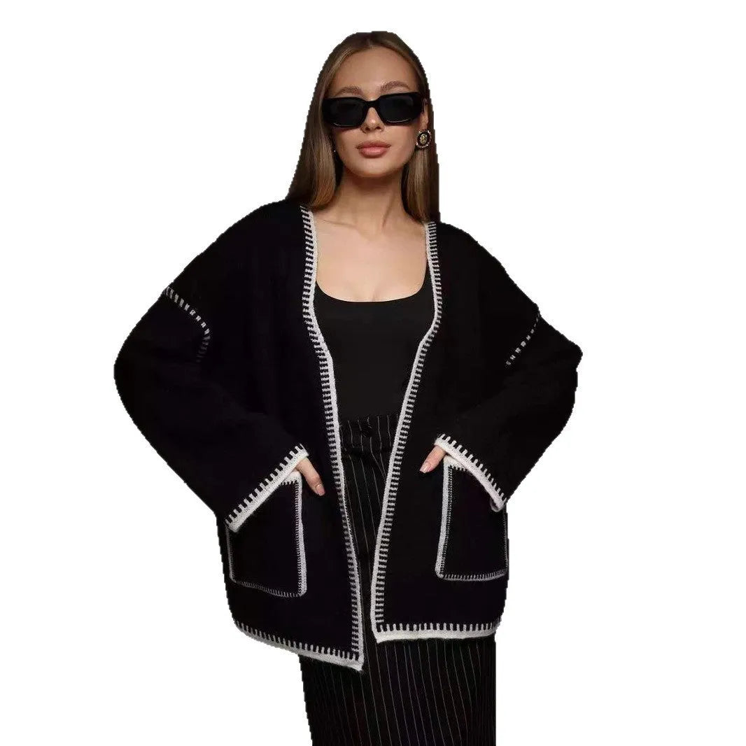 Loose lace-up knitted cardigan sweater coat in imitation cashmere, shown in camel colour