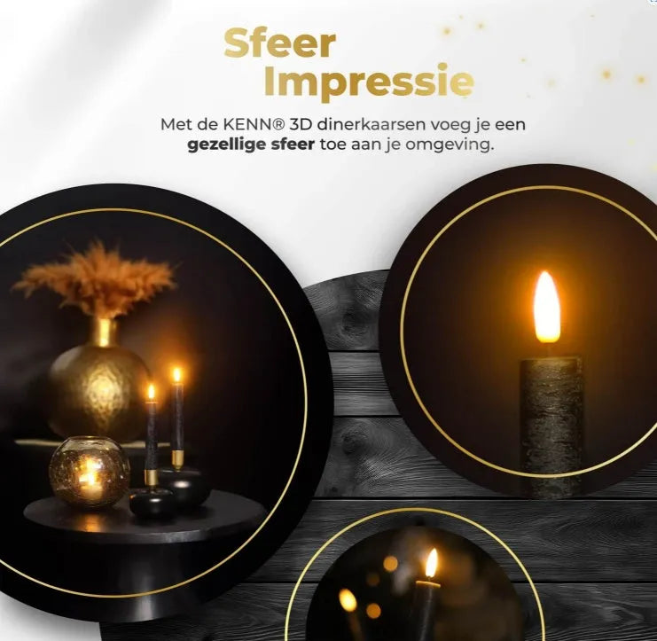 Set of four black LED taper candles with realistic 3D flame effect on a table.
