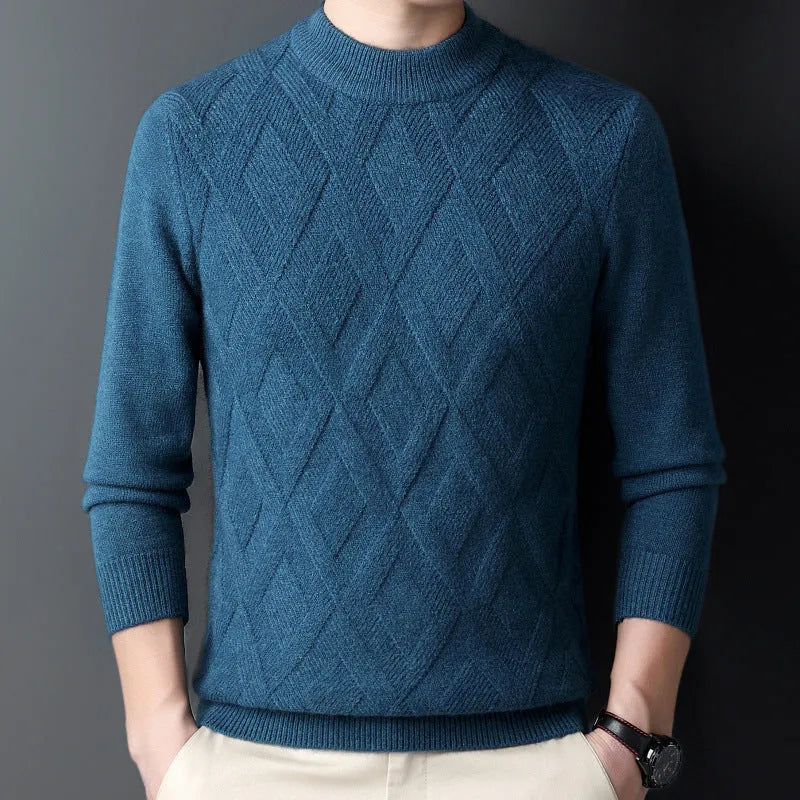 Men's thick winter sweater with diamond jacquard pattern in light camel colour, plus size fit.