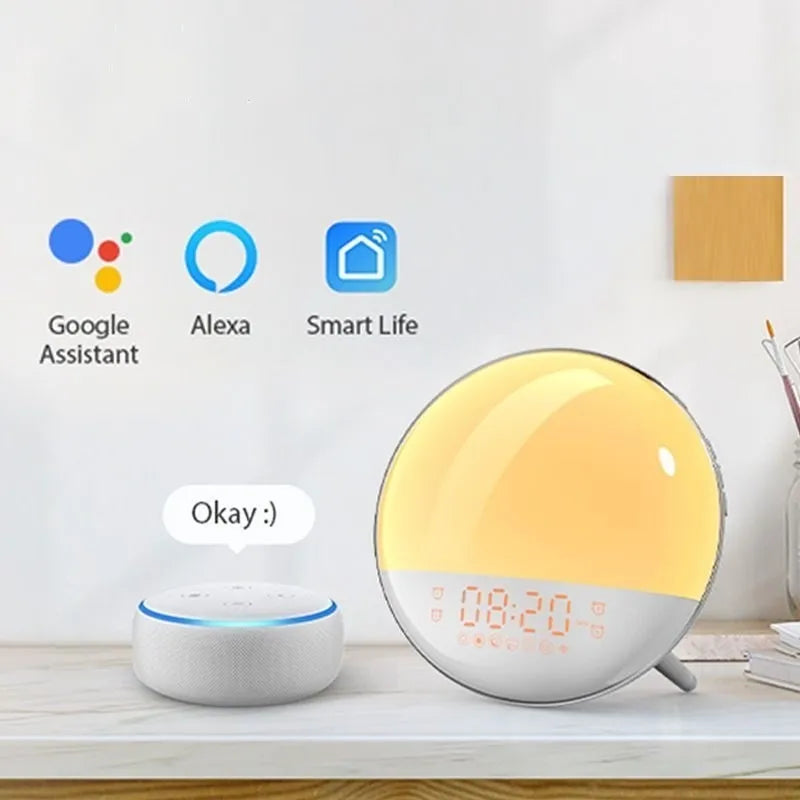 Sunrise alarm clock with wood grain finish, compact size 16x16x6cm, voice control, and night light