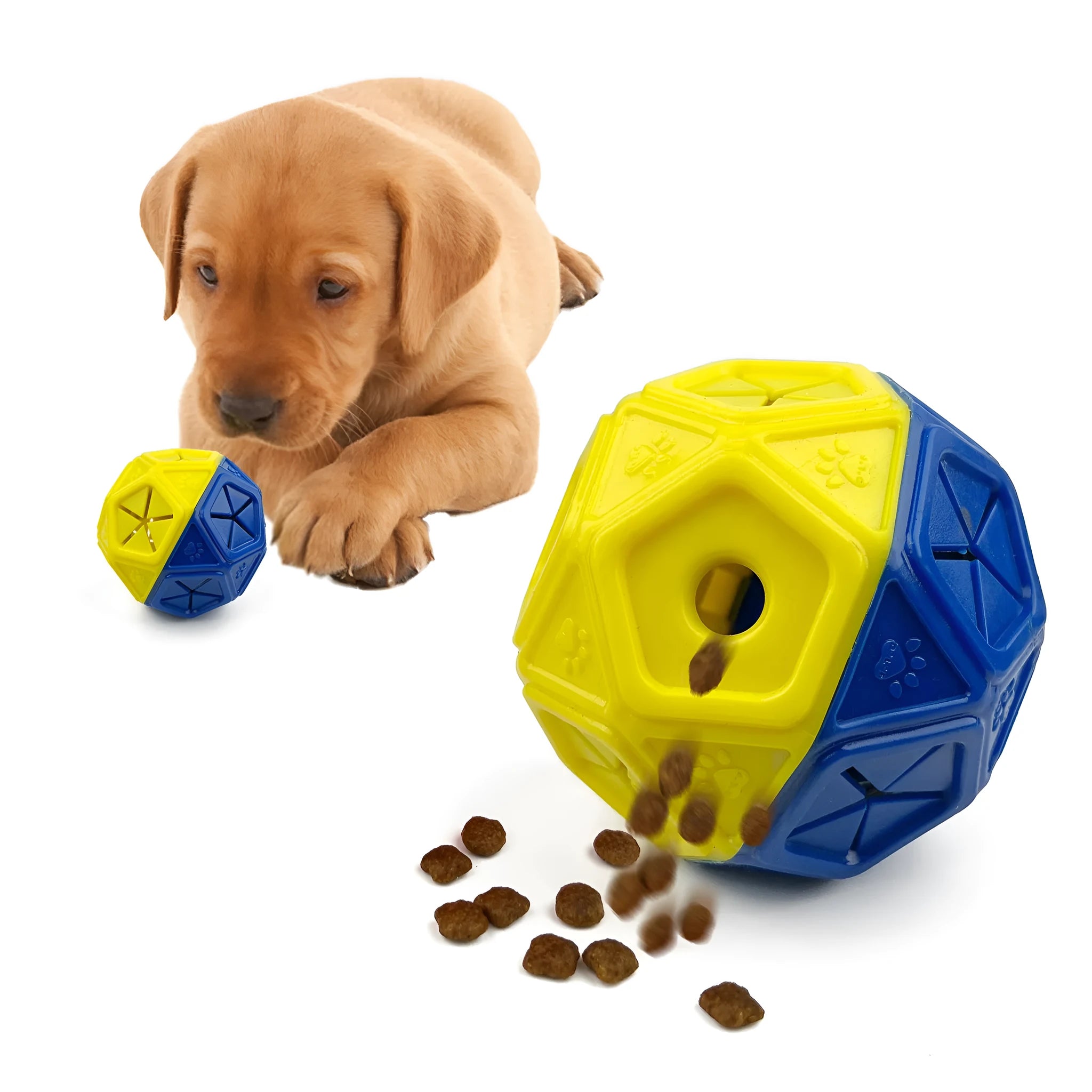 Blue bite-resistant rubber dog puzzle ball with hollow centre for treats, 9 cm diameter.