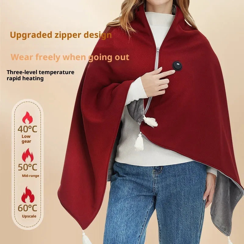 Solid colour electric shawl blanket with mobile power bank in beige, green, and red options