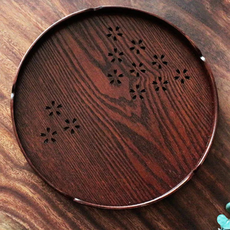 30cm wooden dessert plate with hollow sakura blossom pattern design