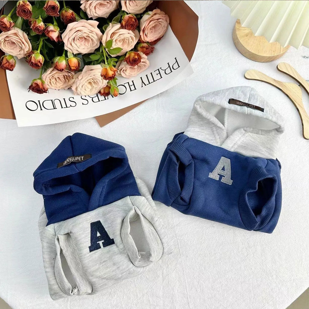 Blue and white slim-fitting pet hoodie with reflective letters for cats or dogs